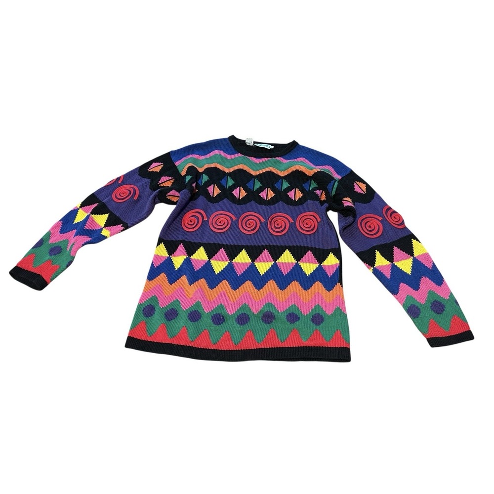 90's Colorful Knit Pullover Sweater Women's Size M 3D Retro Geometric‎ Cotton